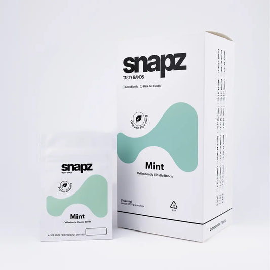 Snapz Mint flavored orthodontic elastics chairside trial pack with 100-band pouch and placer tool